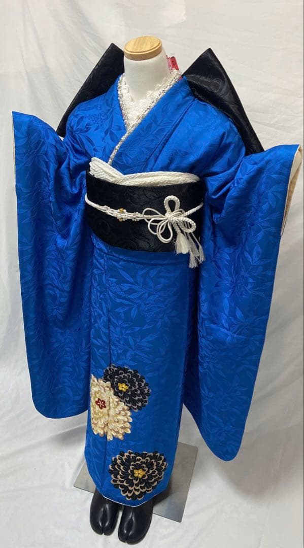 青色の振袖 花柄刺繍 振袖 振袖フルセット 正絹 成人式　振袖7点セット