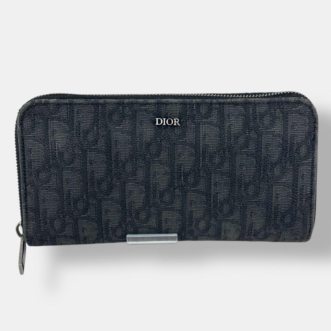 美品 ディオール ラウンドファスナー 長財布 オブリーク ジャガード ブラック