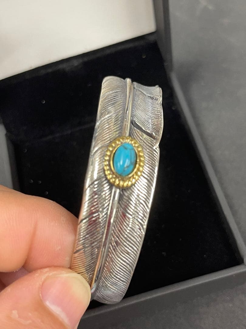 シルバーバングル　925 純銀　ターコイズ　フェザーバングル