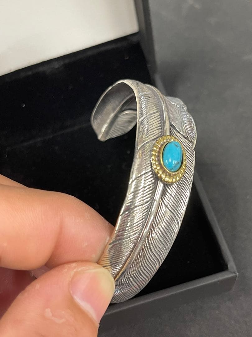 シルバーバングル　925 純銀　ターコイズ　フェザーバングル