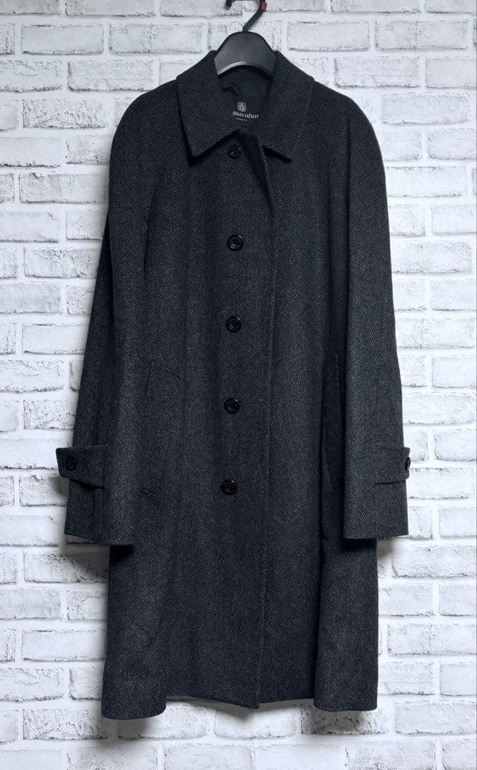 【限定】カシミヤ混 Aquascutumダークグレーコート L相当ヘリンボーン