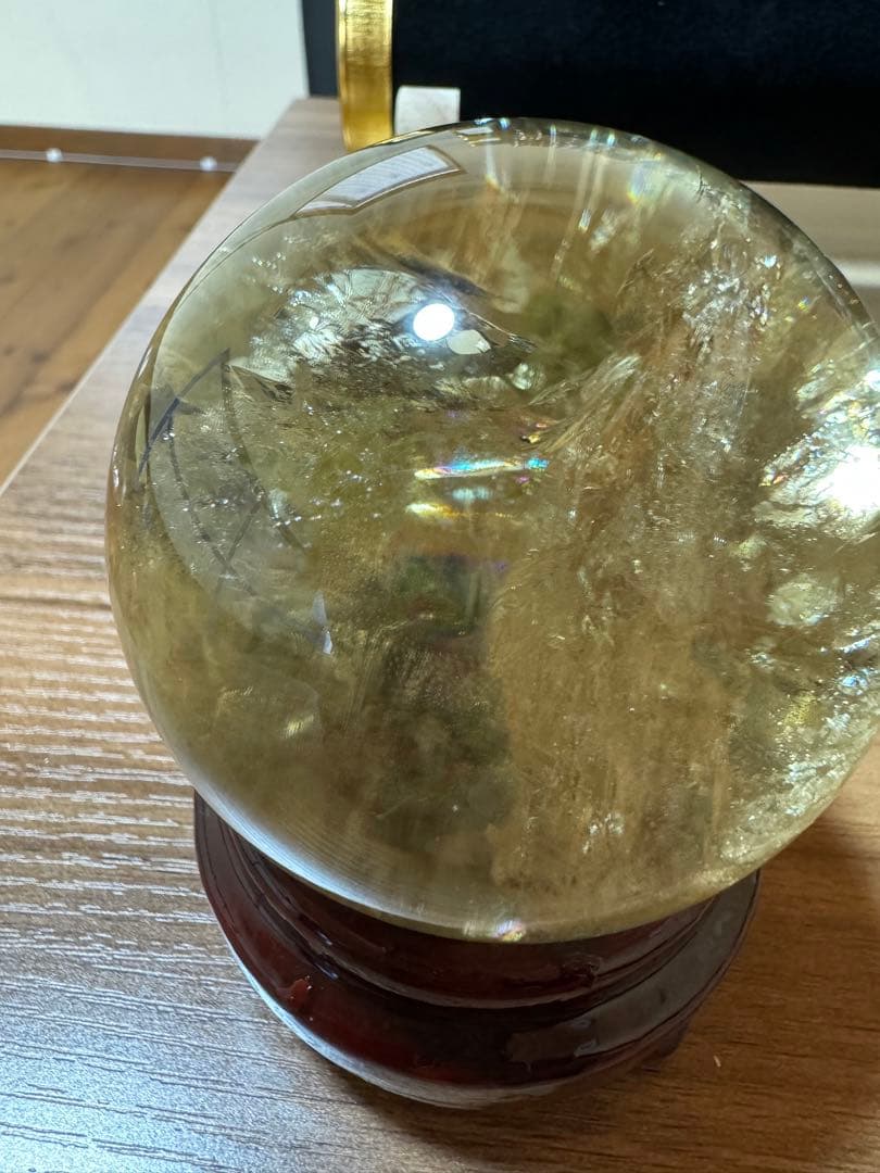 希少　特大　レインボー　シトリン　スフィア　爆虹あり　台付き　置物　約7cm