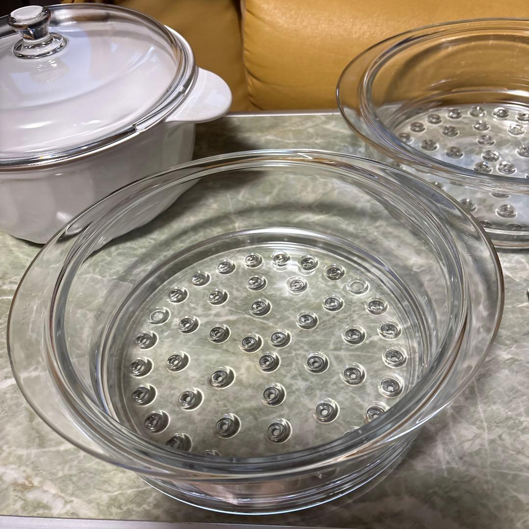 未使用フランス製リュミナルクガラス製蒸し器2段、説明書レシピ付