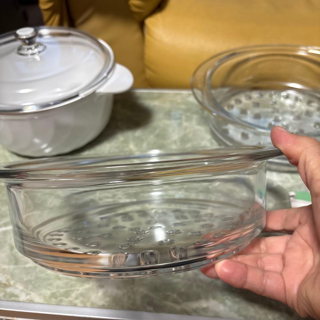 未使用フランス製リュミナルクガラス製蒸し器2段、説明書レシピ付