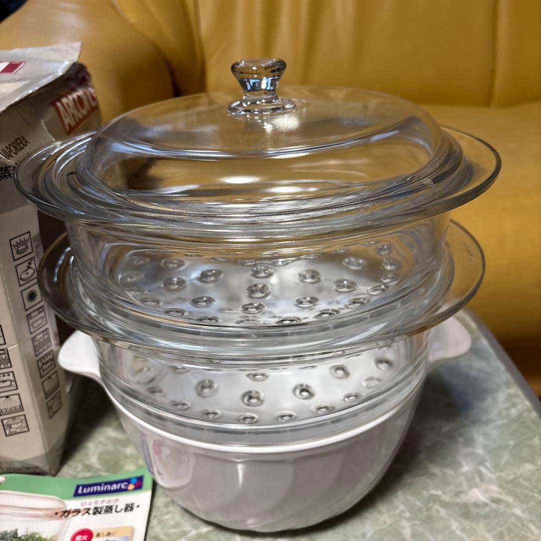 未使用フランス製リュミナルクガラス製蒸し器2段、説明書レシピ付