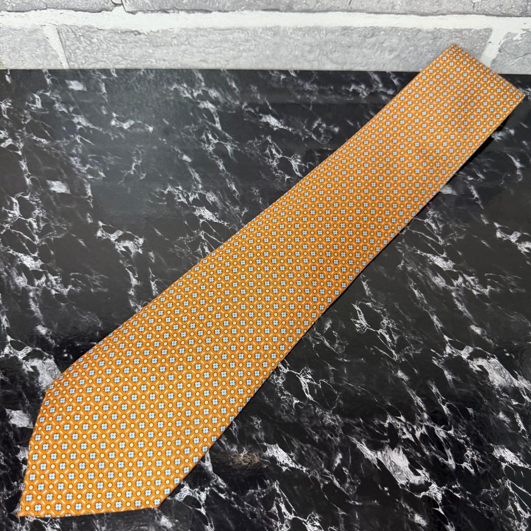 HERMES エルメス 花柄 オレンジ ネクタイ 外箱 ショッパー リボン付き