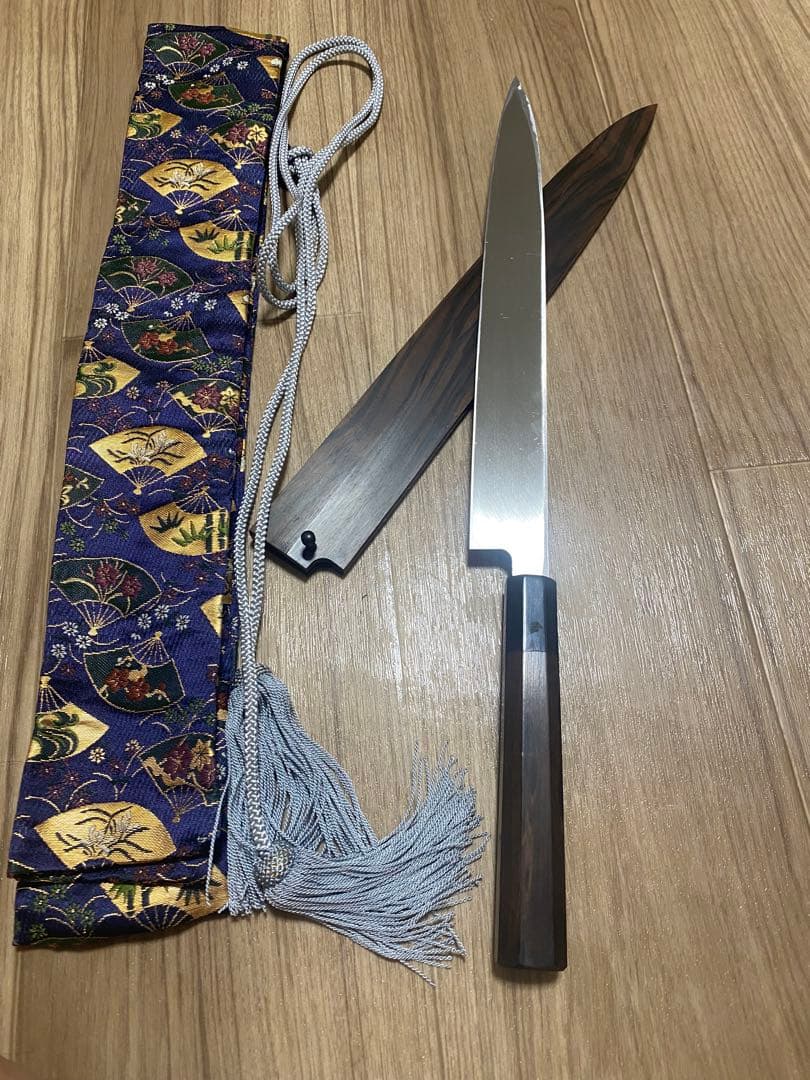 堺一文字忠國 柳刃包丁 黒檀 刃渡り尺　鞘袋付き