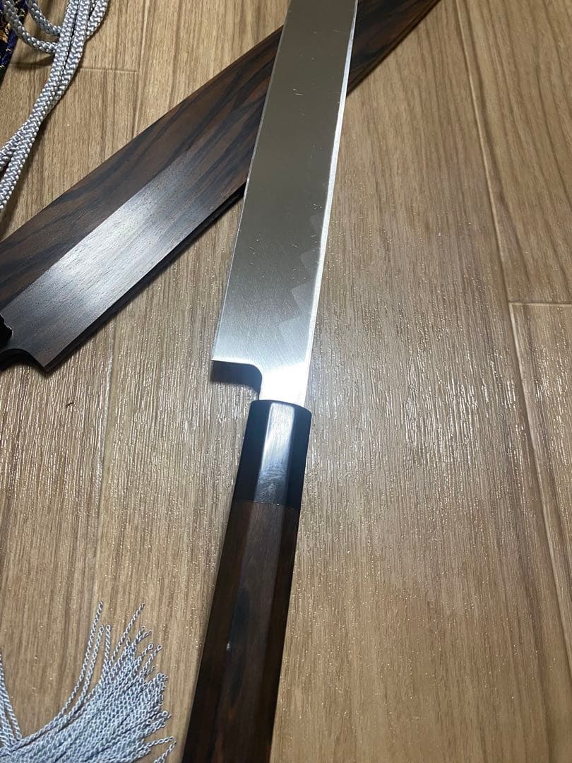 堺一文字忠國 柳刃包丁 黒檀 刃渡り尺　鞘袋付き
