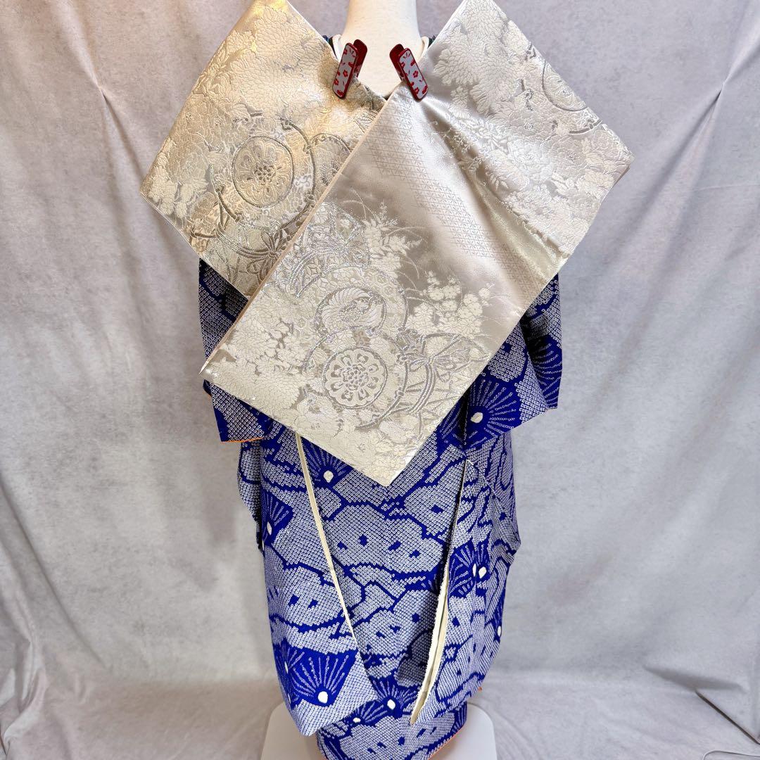 総絞り　美品　振袖六点フルセット　157〜167cm　裄長め　青