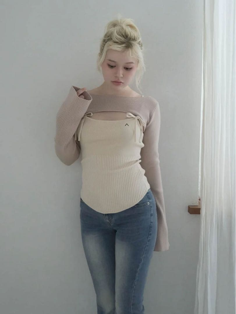 トップス andmary Bebe ribbon set tops beige