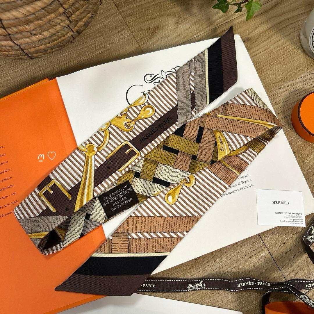 HERMES　エルメス　ツイリー　馬銜シュミーズ　シルクリボンスカーフ　ショコラ