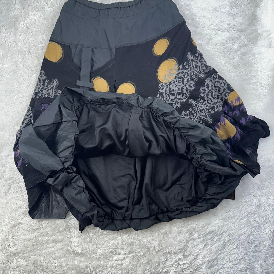 美品✨　エイコ　コンドウ　ロングフレアスカート　黒　総柄　F ウール　膝丈