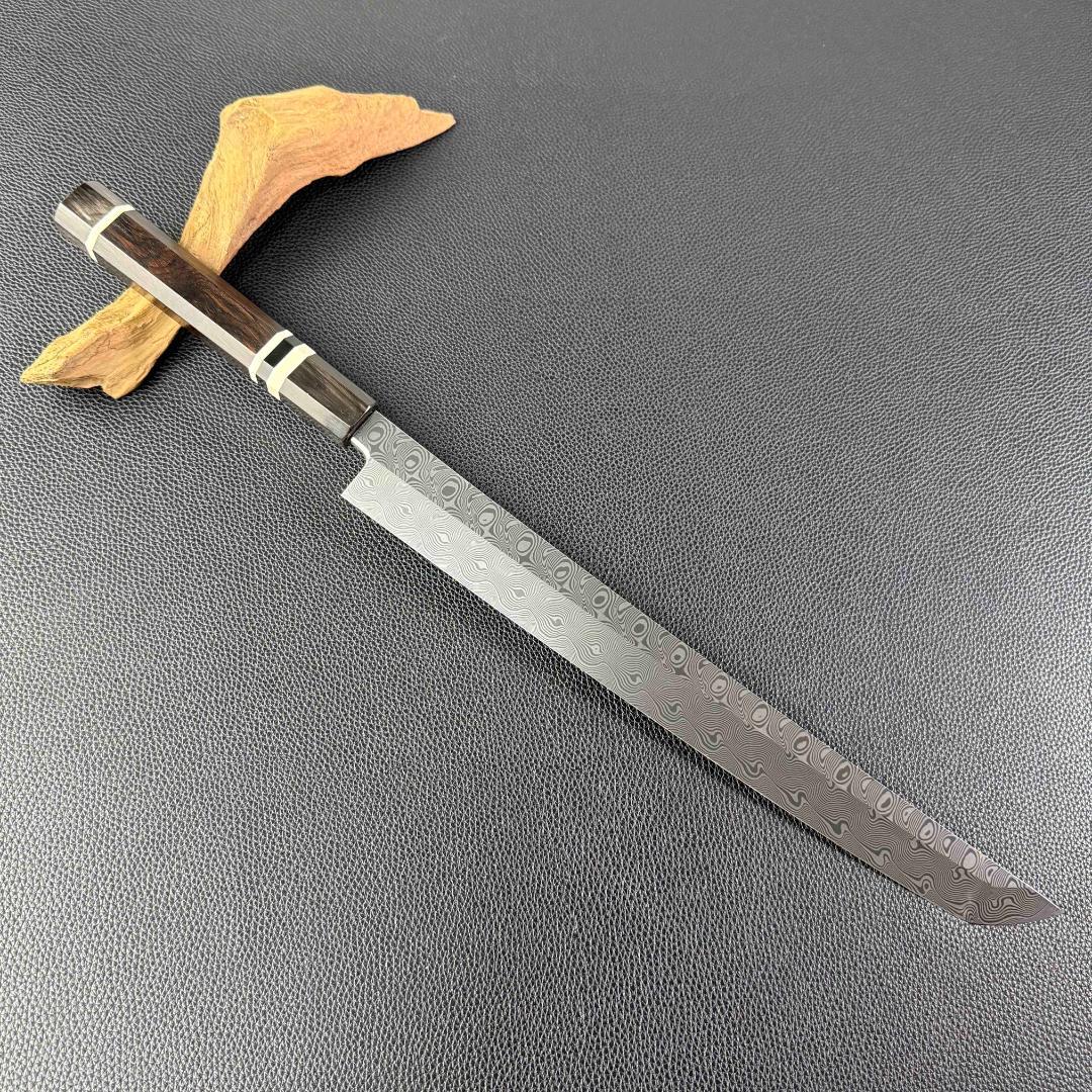 9727新品ダマスカス 先丸包丁 尺一 渦潮紋105層 黒檀黒水牛白三本巻八角柄
