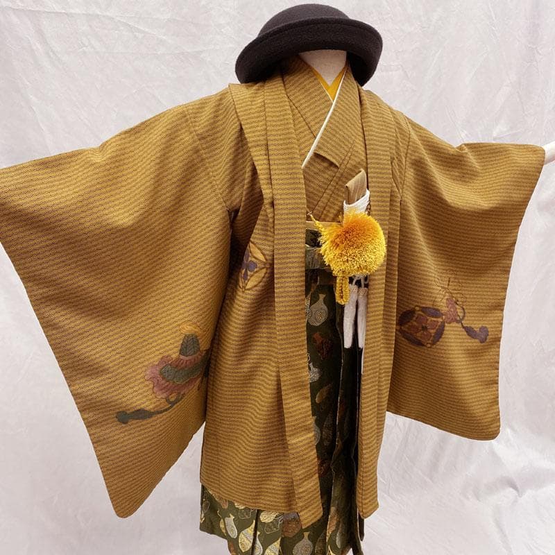 601ab49◎七五三 五歳 男児 着物&羽織&袴&角帯&長襦袢 鷹 唐茶◎美品
