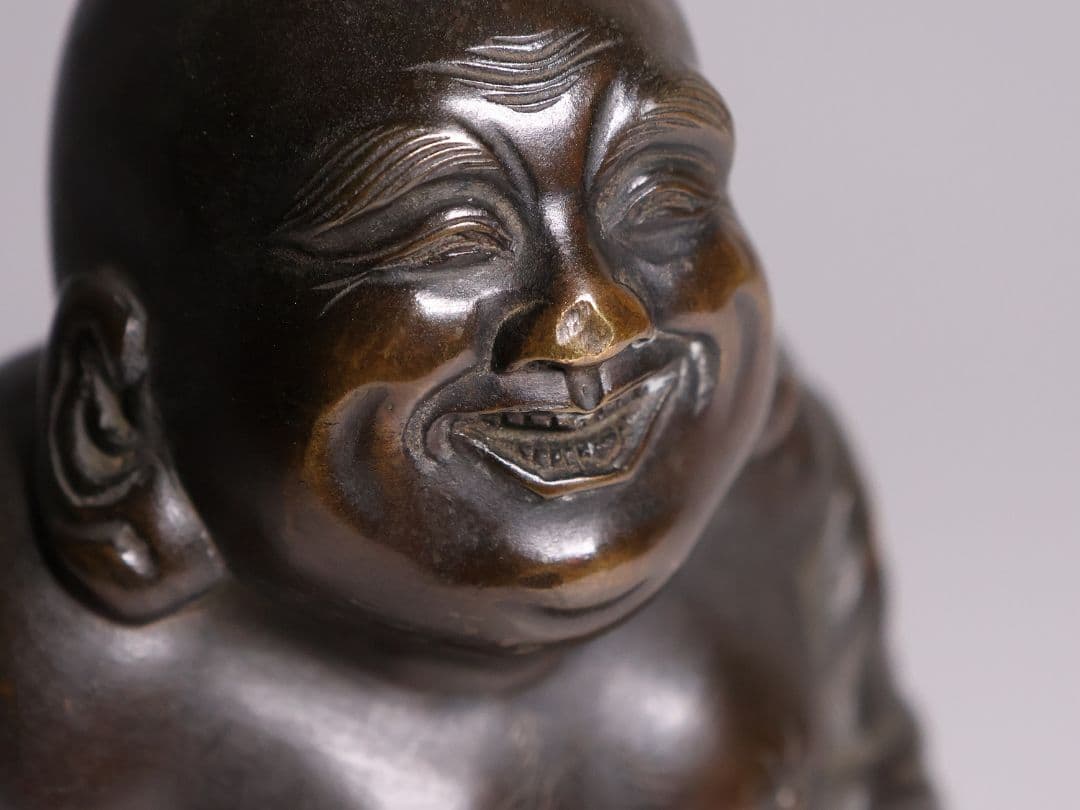 時代 銅製 晴珉造 布袋像 18.4cm 明治金工 置物 七福神 縁起【M415