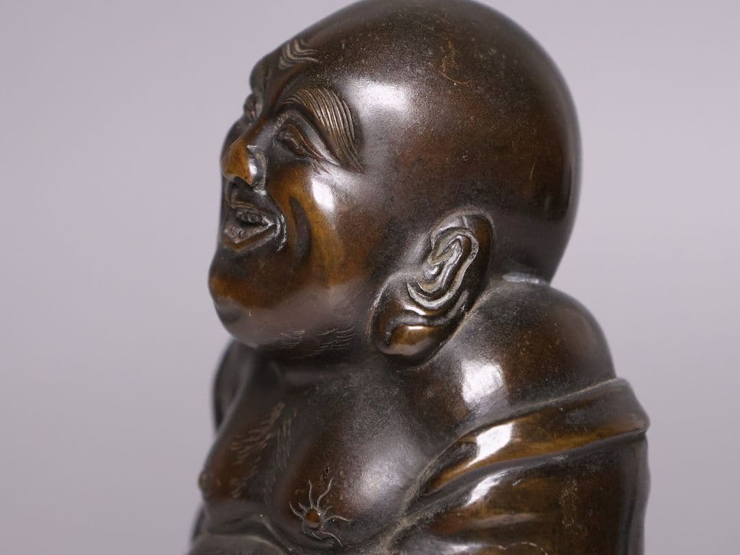時代 銅製 晴珉造 布袋像 18.4cm 明治金工 置物 七福神 縁起【M415
