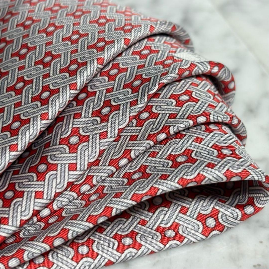 HERMES エルメス ネクタイ レッド グレー ドット 幾何学模様 フランス製