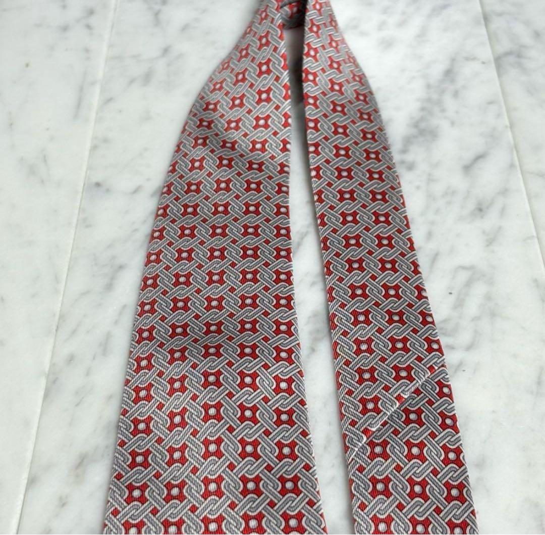 HERMES エルメス ネクタイ レッド グレー ドット 幾何学模様 フランス製