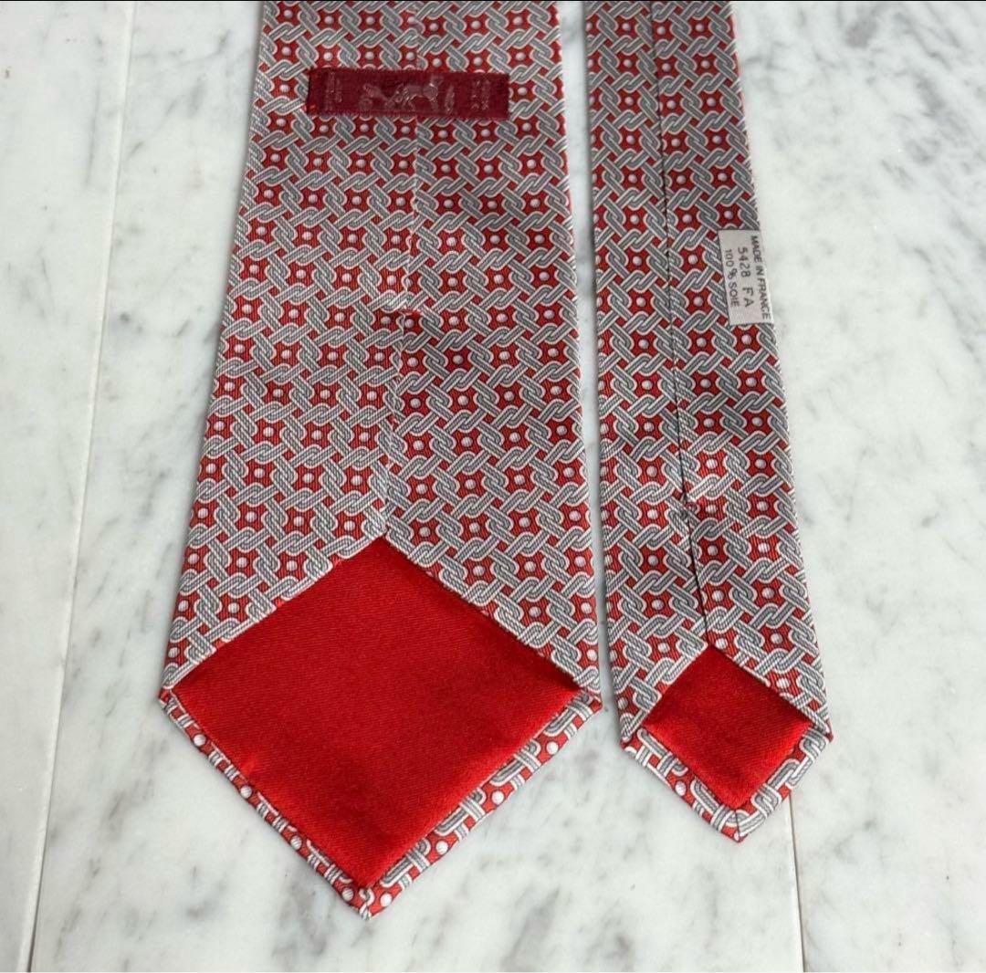 HERMES エルメス ネクタイ レッド グレー ドット 幾何学模様 フランス製