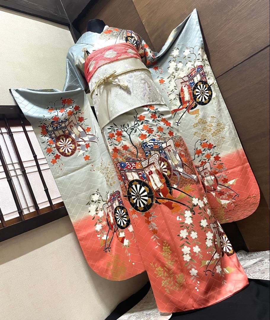 振袖フルセット6点特価　サイズM〜Ｌ　正絹　御所車　売り切り終了