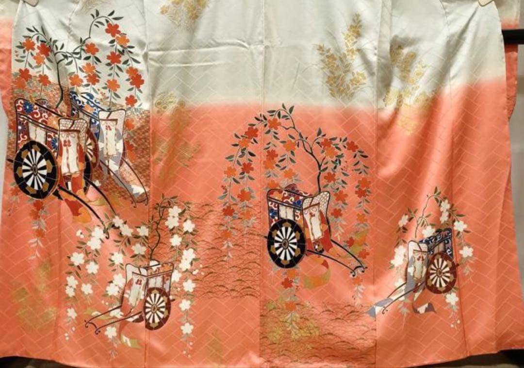 振袖フルセット6点特価　サイズM〜Ｌ　正絹　御所車　売り切り終了