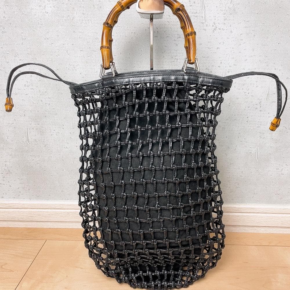 GUCCI バンブー 編み込み 巾着 かごバッグ ブラック 黒 レザー オールド