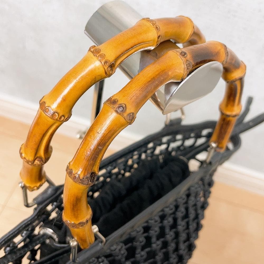 GUCCI バンブー 編み込み 巾着 かごバッグ ブラック 黒 レザー オールド