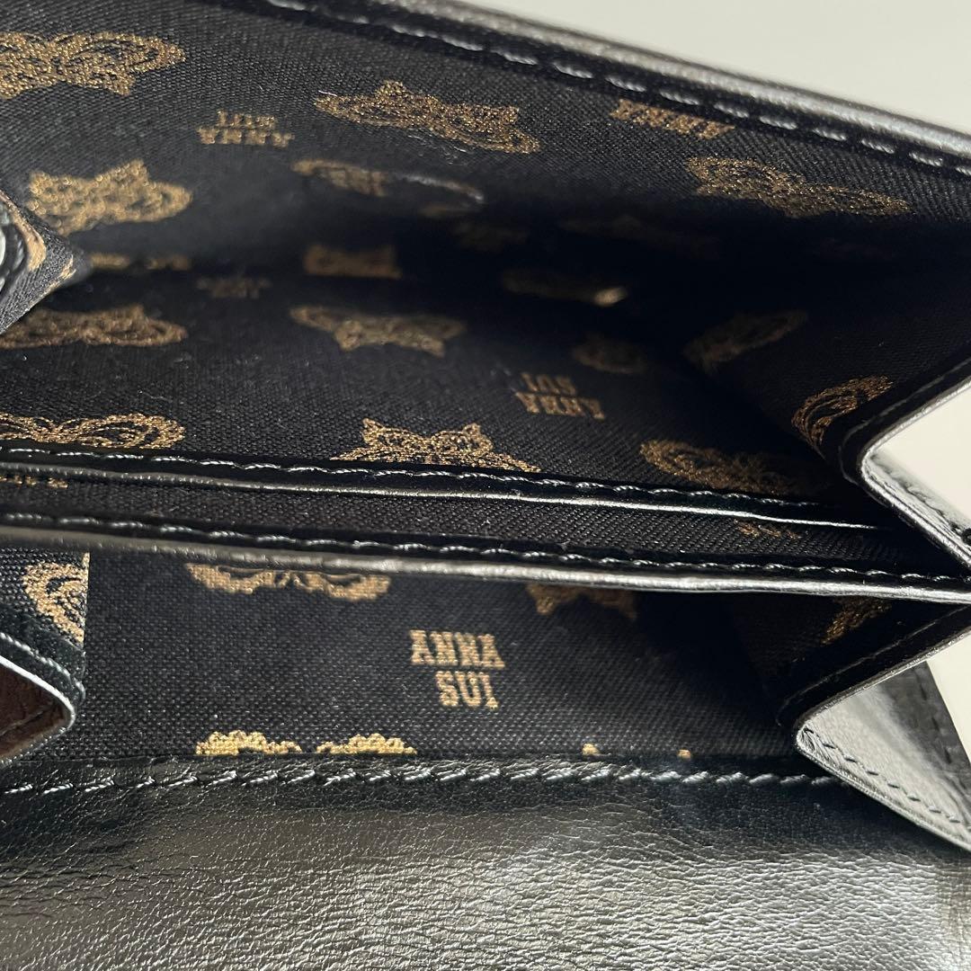 極美品 ANNA SUI 二つ折り財布 黒 レザー バタフライ 蝶 コンパクト