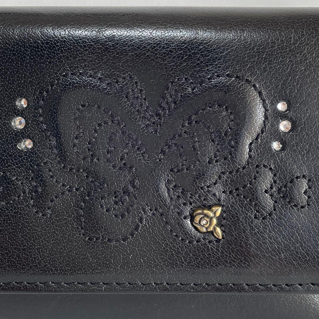 極美品 ANNA SUI 二つ折り財布 黒 レザー バタフライ 蝶 コンパクト