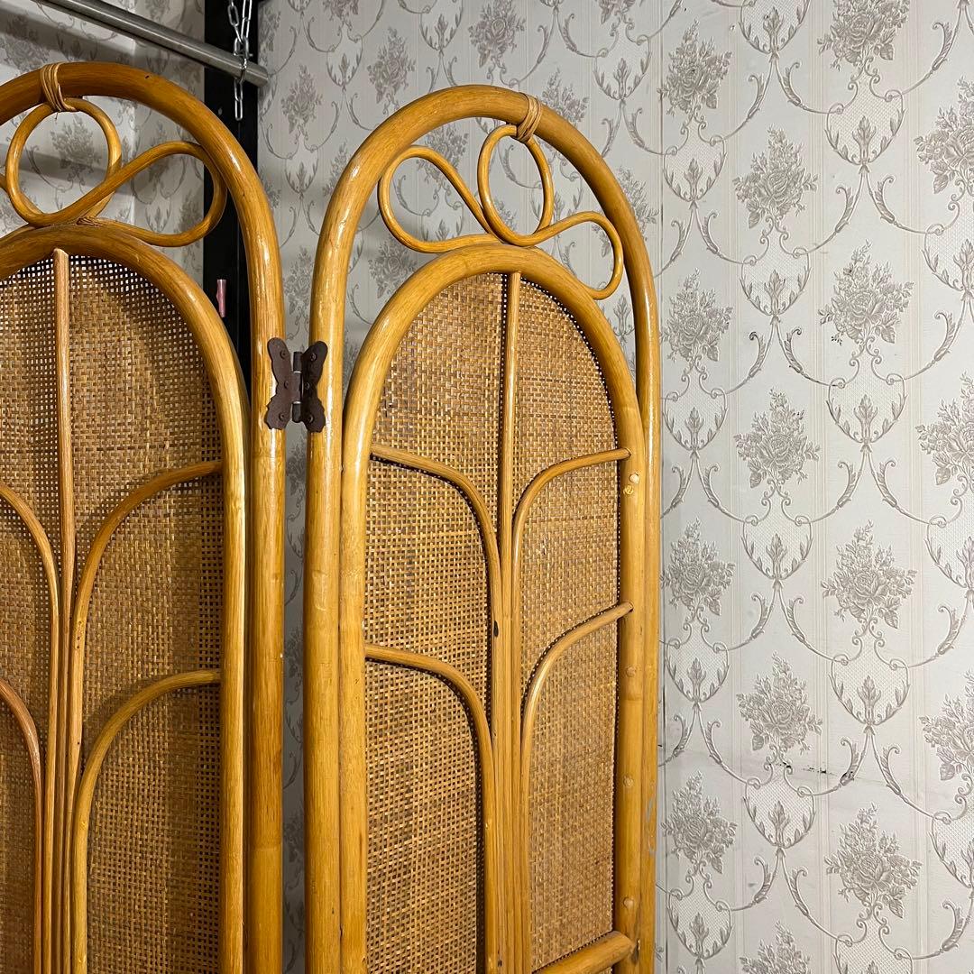 【アンティーク】籐 ラタン 4連 パーテーション 衝立 目隠し 間仕切り 古道具