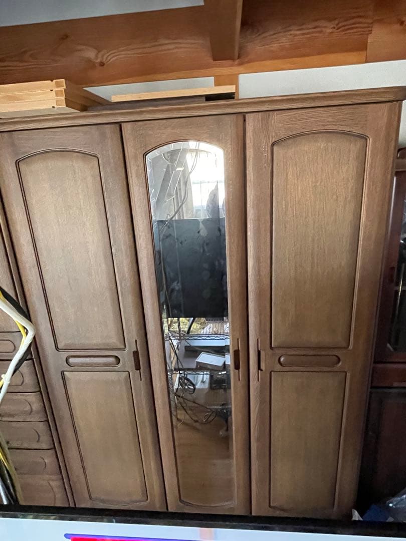 ブラウン 3扉 ミラー付き衣類収納ケース