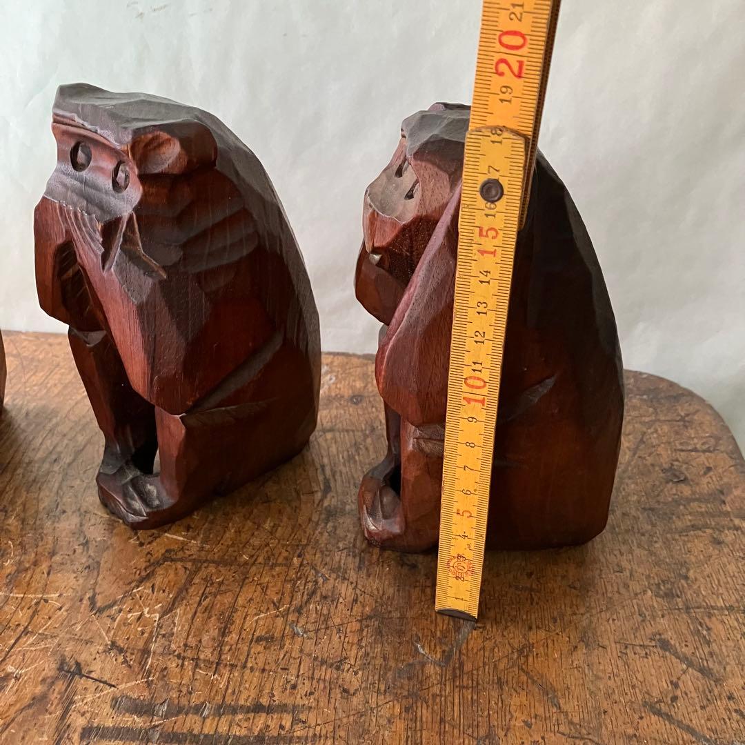 木製 三猿 彫刻 木彫り　サル　昭和レトロ　ビンテージ　骨董　アンティーク　置物