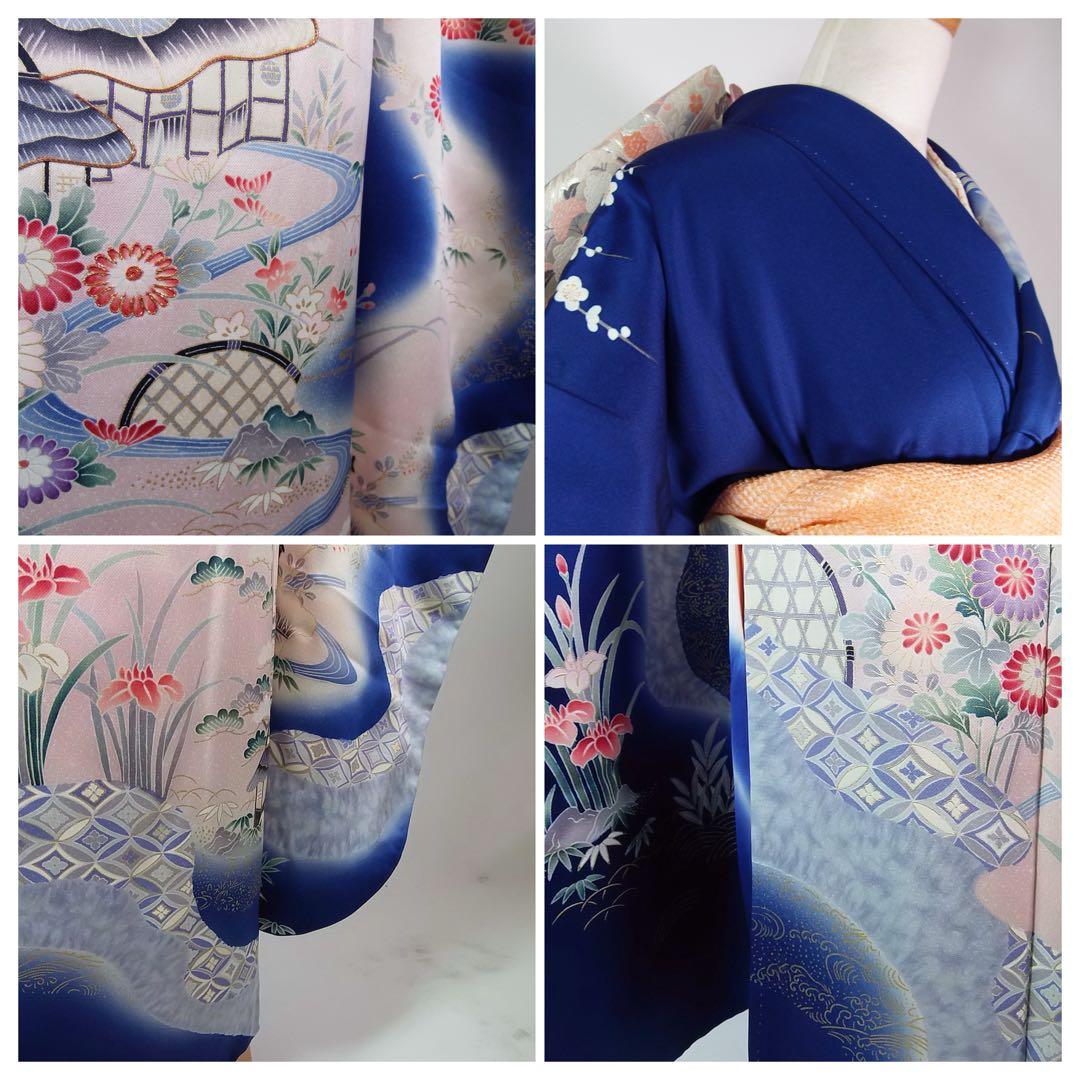 豪華3点セット友禅振袖／茶屋辻文様＊金駒刺繍＊古典風景文様／袋帯・長襦袢付き