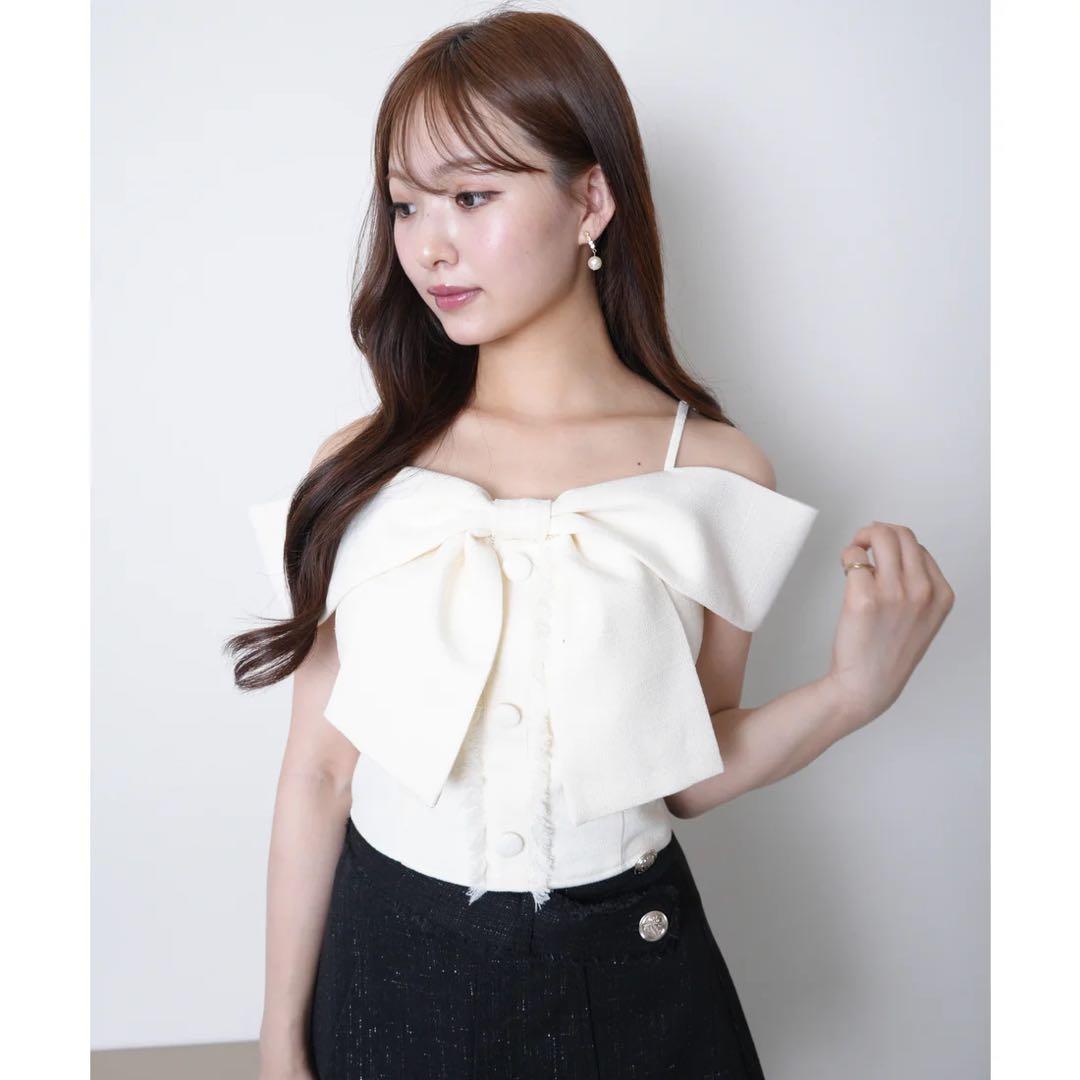 LIP SERVICE ツイードリボンオフショルトップス ホワイト