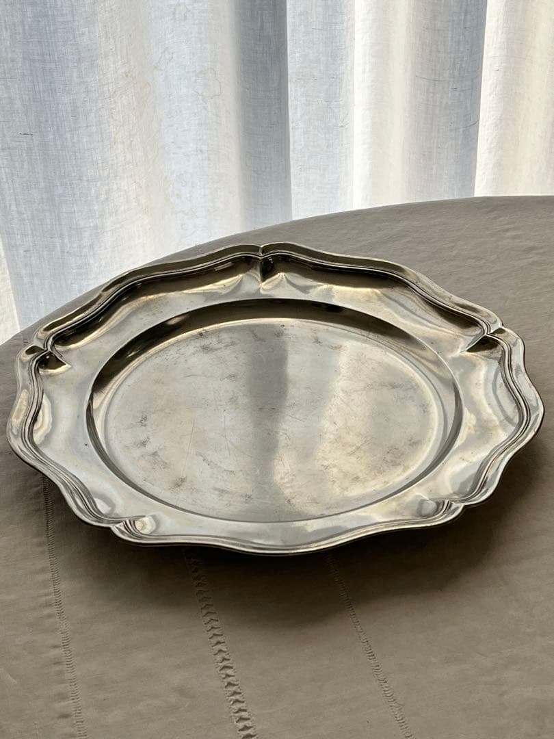 【美品】フランスアンティーク ピューター花リムプレート 37cm特大 2797