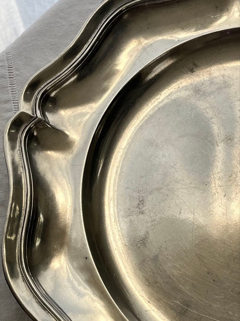 【美品】フランスアンティーク ピューター花リムプレート 37cm特大 2797