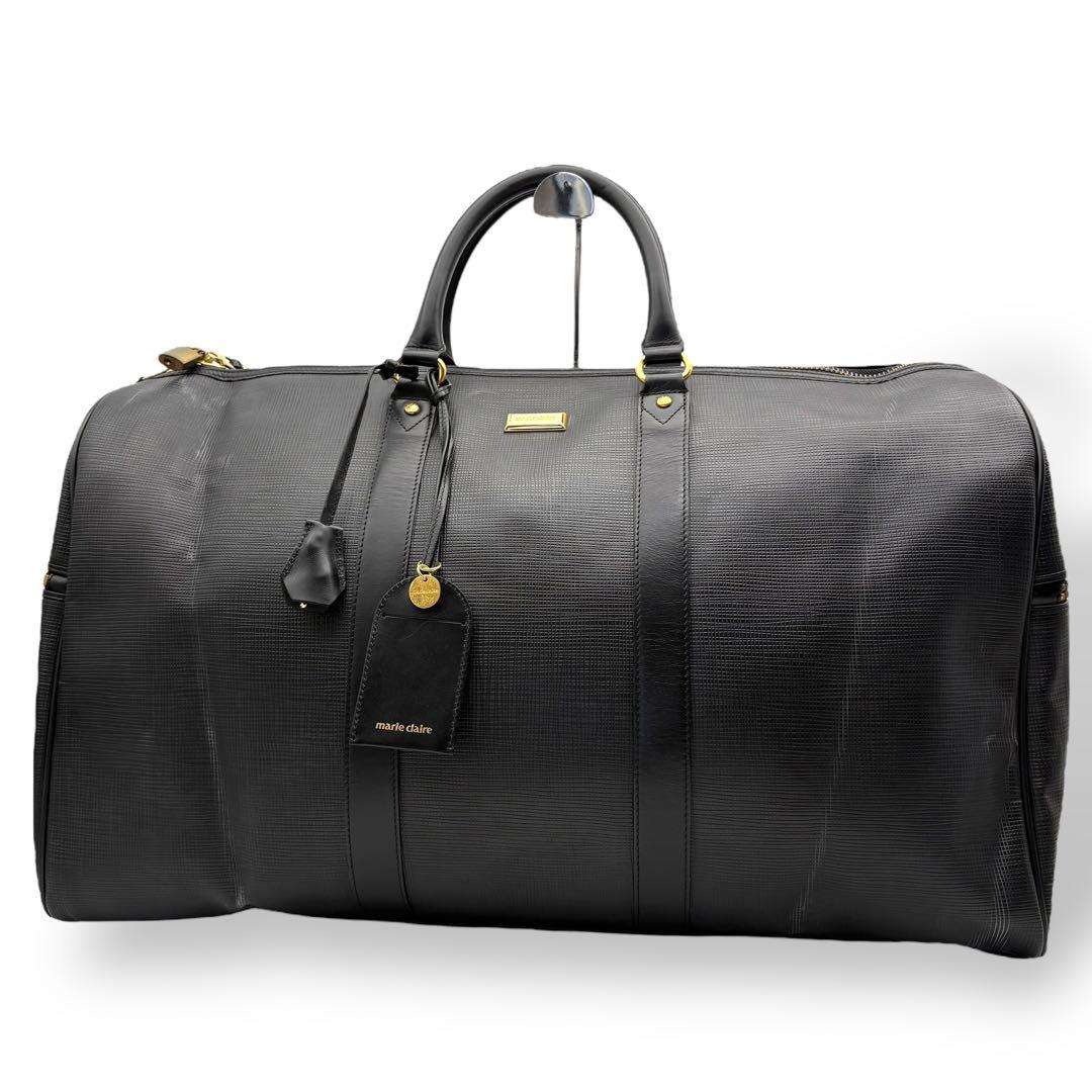 マリクレール ボストンバッグ 腕掛け レザー ブラック 金具ロゴ 鍵付き 大容量