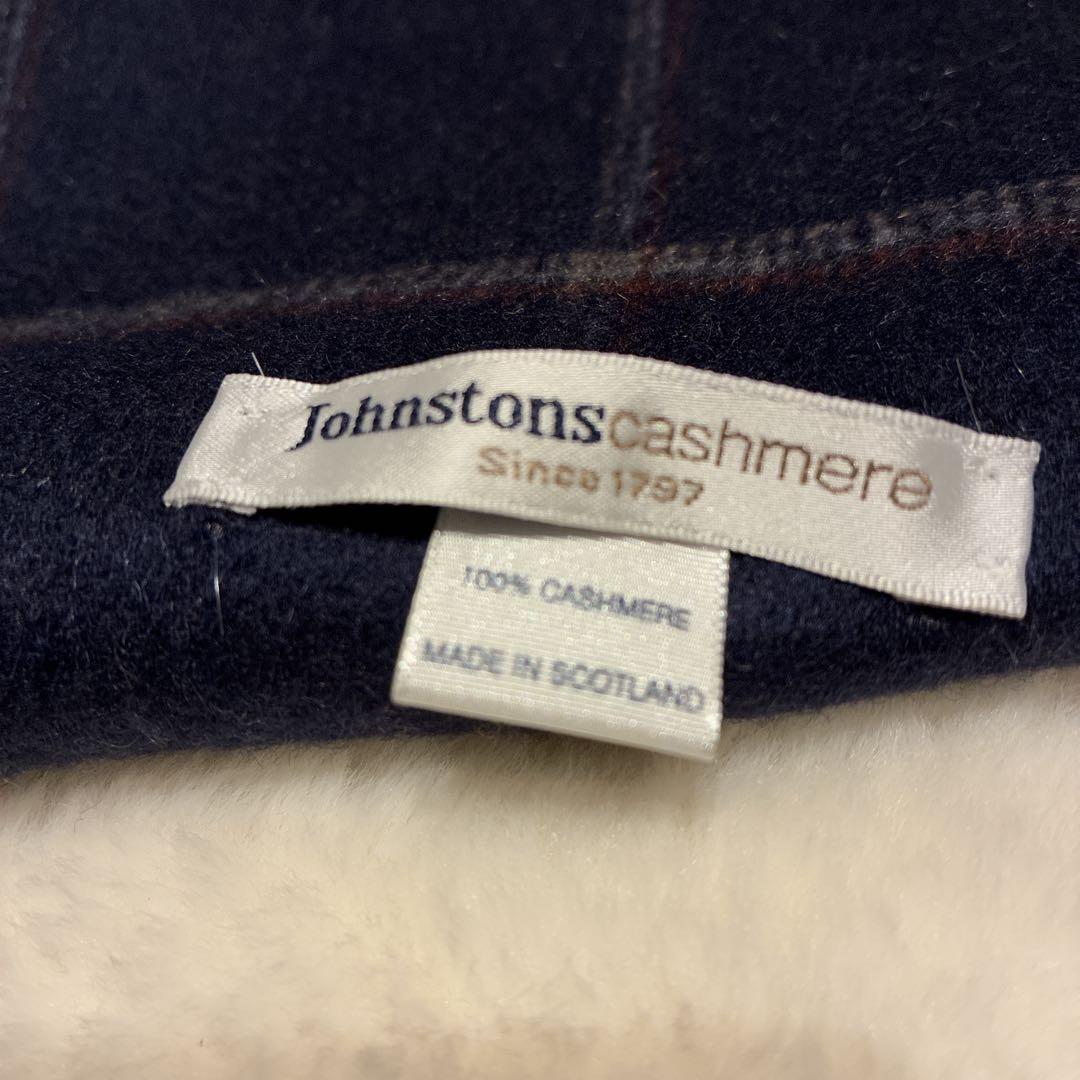 美品 ジョンストンズ カシミヤ100マフラー ネイビー×ブラウン チェック