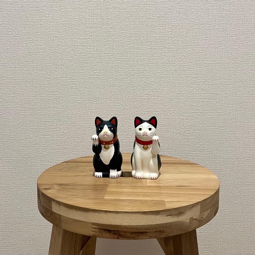 瀬戸焼　招き猫　ネイビー　ブチ　3号　2個セット　箱無し