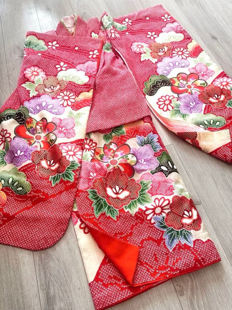 美品 七五三 三歳 女の子 正絹 赤 花柄 豪華お着物・長襦袢セット