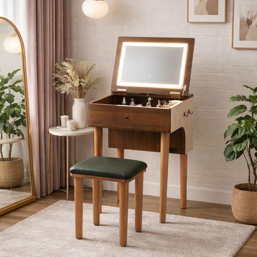 ◆訳あり◆【新品】北欧風　ドレッサー＆スツールセット　LED女優ライト　デスク
