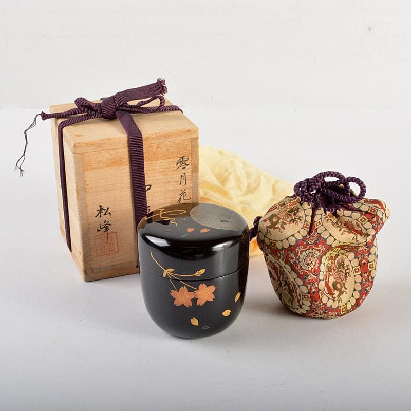 茶道具　中出松峰作　雪付花蒔絵　螺鈿装飾　中棗　共箱　仕覆付　V　6282