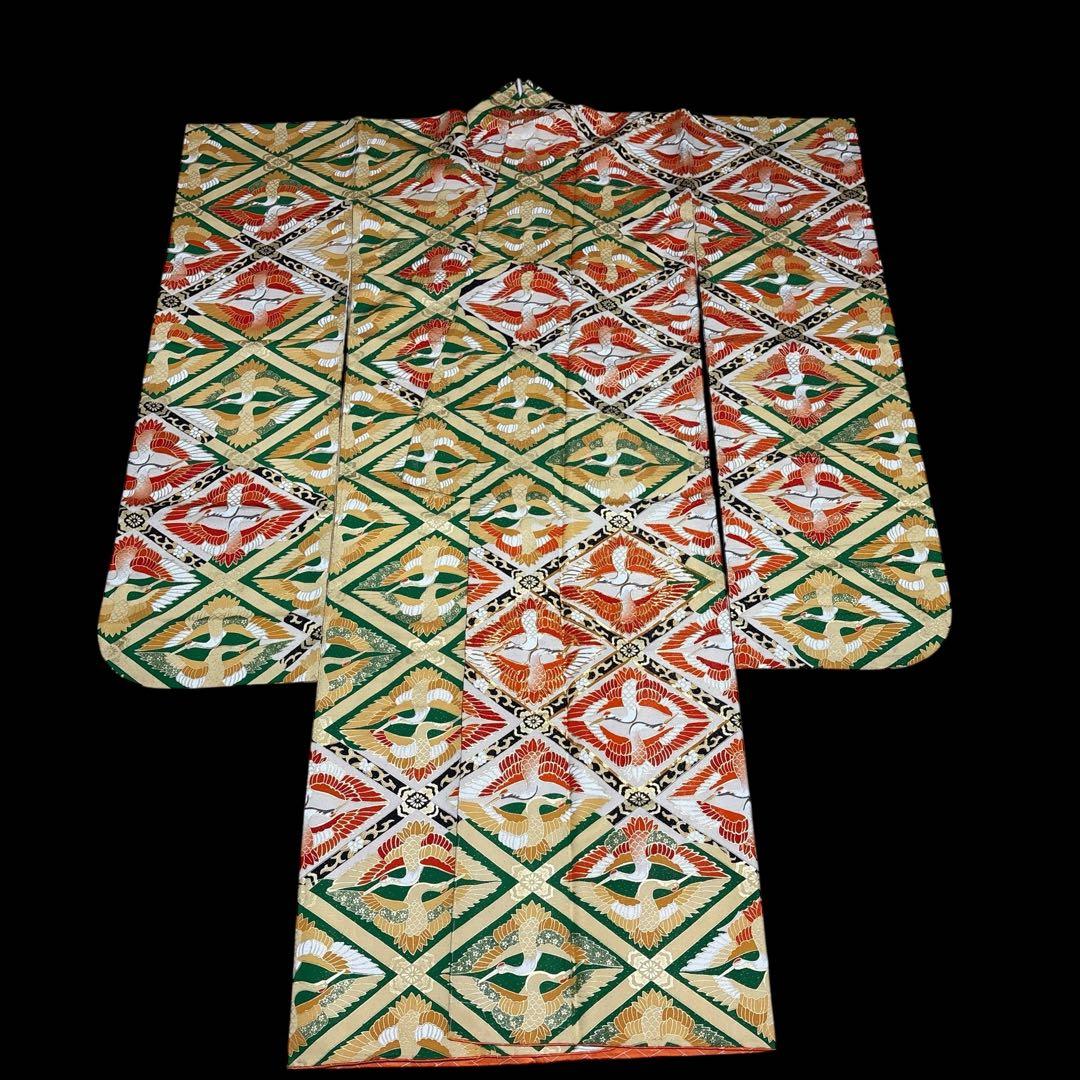 (う3)雅宴向鶴✨豪華絢爛な光を放つ金彩や格子模様のアンティーク振袖㊗️④点セット