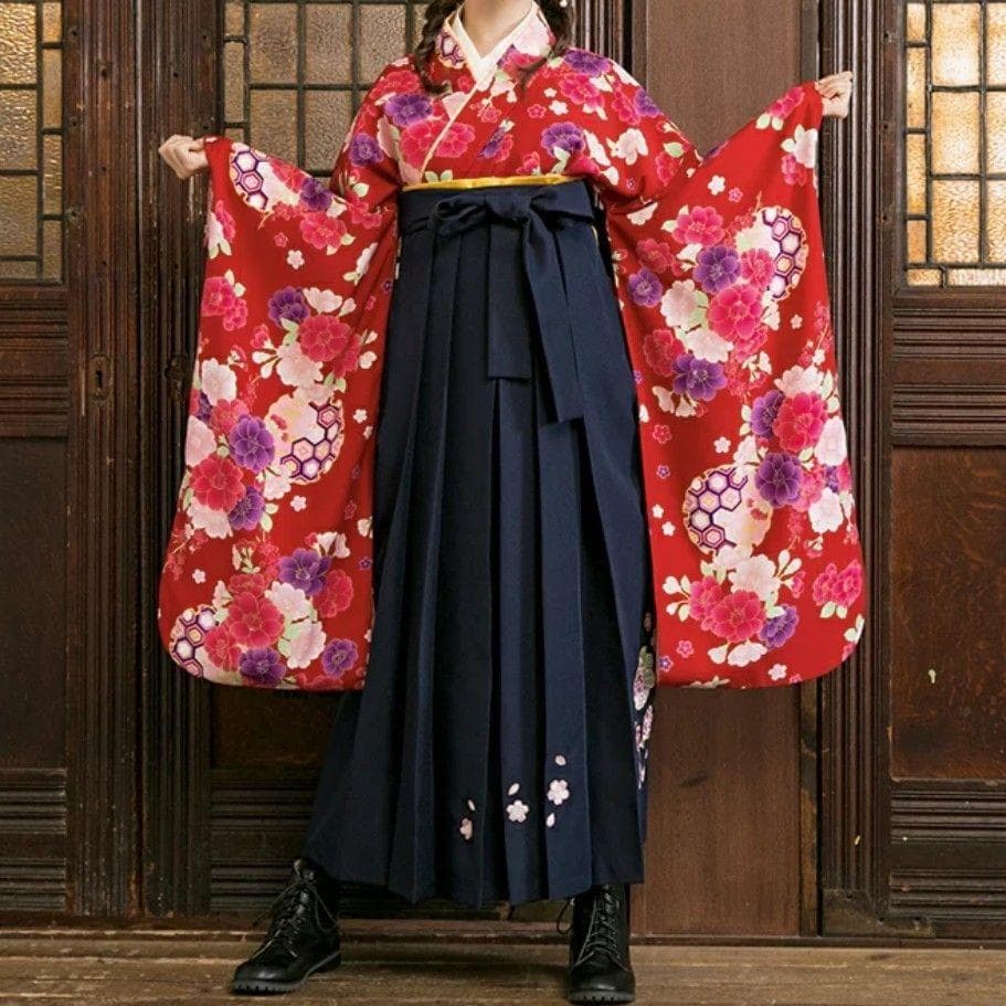 arisana 袴セット 卒業式 小学生 160 赤着物×紺袴 簡単着付け