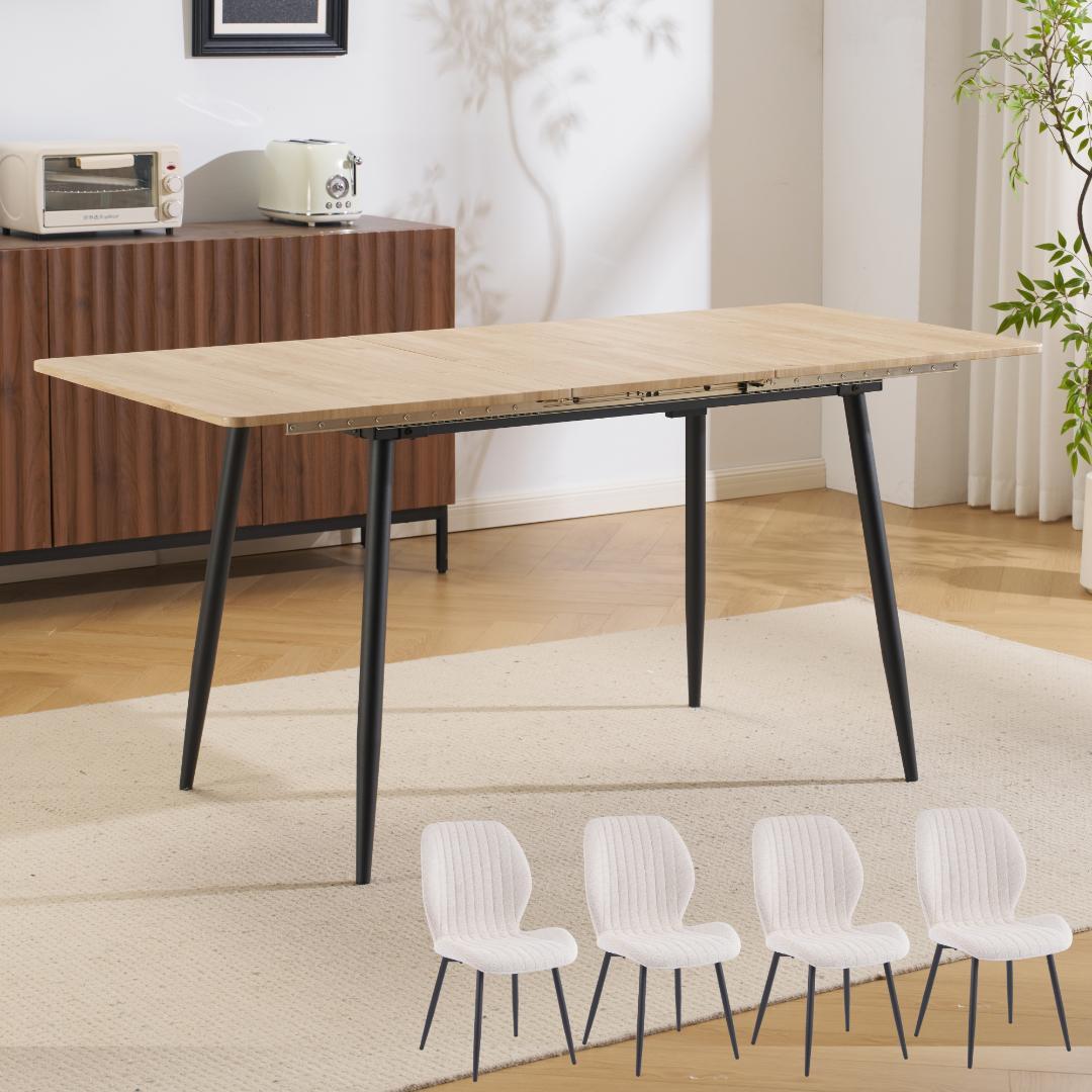【テーブル+4脚セット】伸縮可能 ダイニングテーブル 木目調 組立簡単 ソリッド