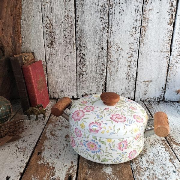 ヴィンテージ 未使用 エジリー 華やか フラワー 花柄 ホーロー両手鍋