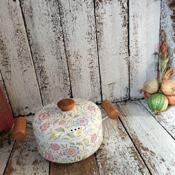 ヴィンテージ 未使用 エジリー 華やか フラワー 花柄 ホーロー両手鍋