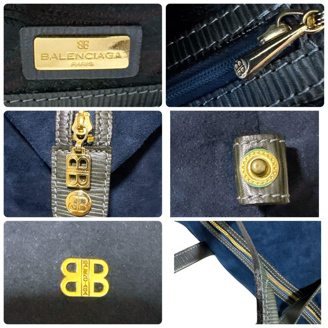 バレンシアガ ボストンバッグ 旅行鞄 ロゴ スエード レザー ゴールド ネイビー