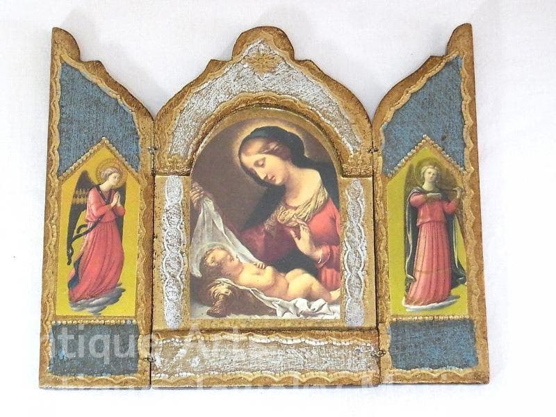 イタリア ヴィンテージ『観想の聖母マリア』カルロ・ドルチの工房作３枚続きの祭壇画