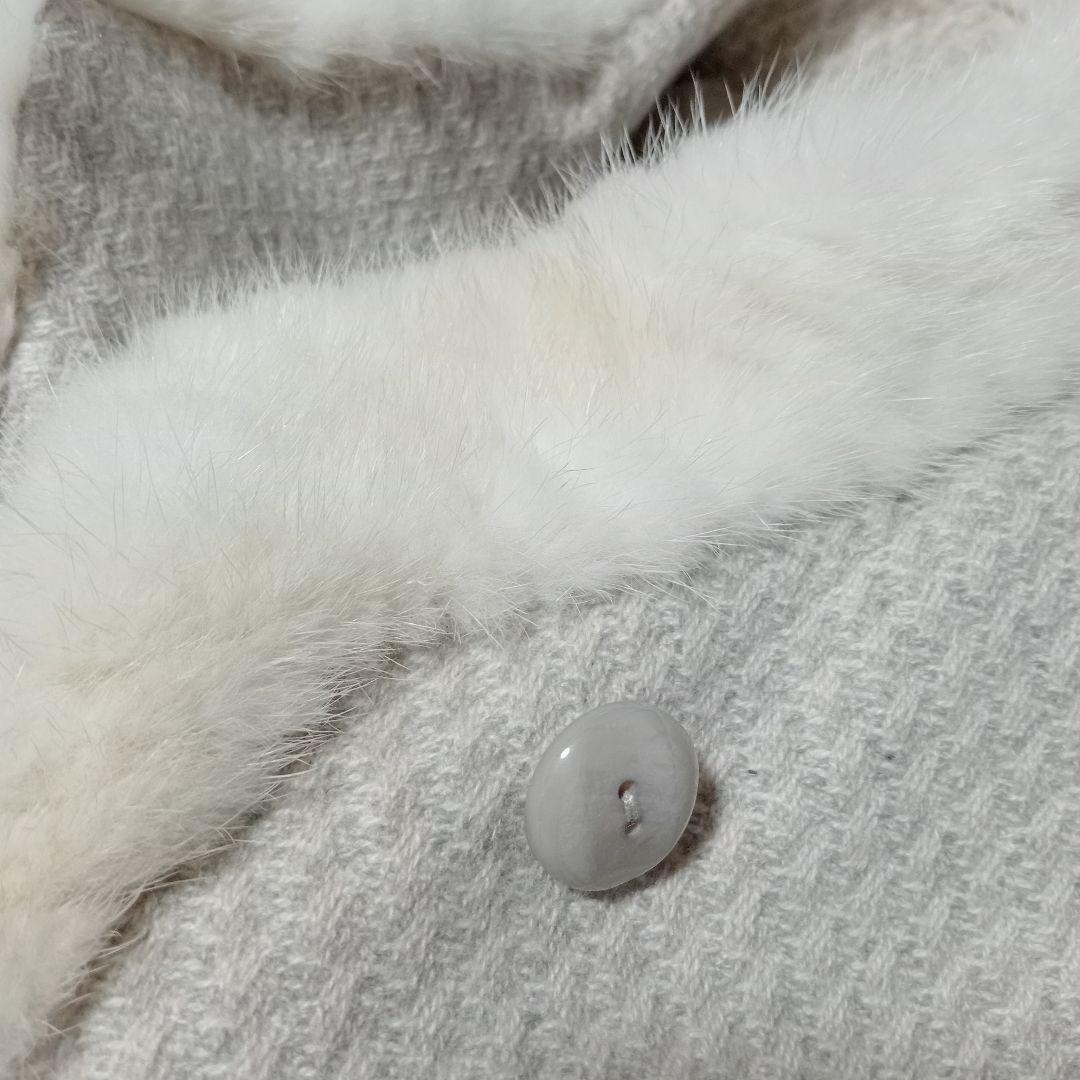 カシミヤ100％ ミンクファー ライトグレー×ホワイト Aラインロングコート M